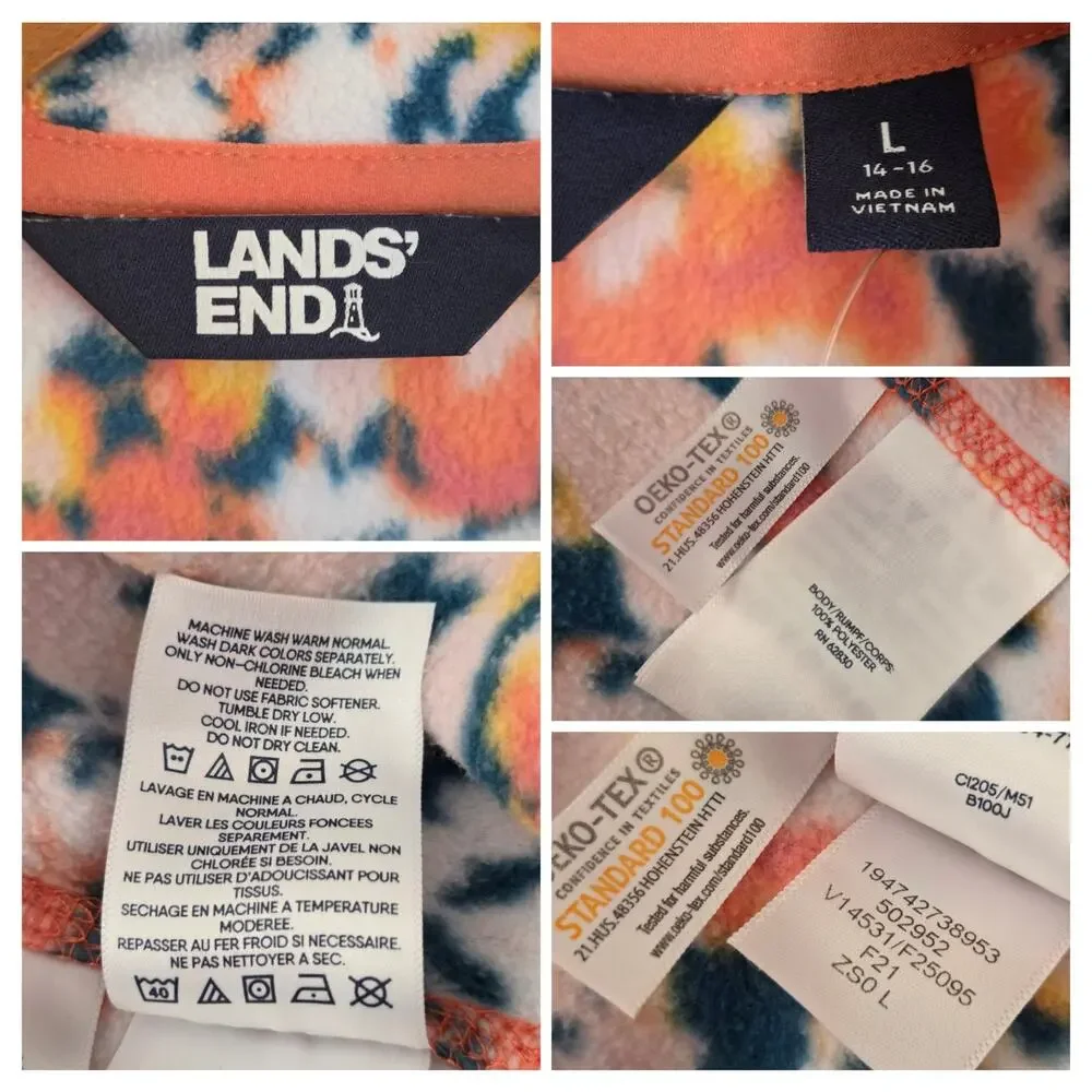 Lands End Womens Pullover 1/4 Zip Fleece Orange Floral Long Sleeve Cozy NWOT✨️L